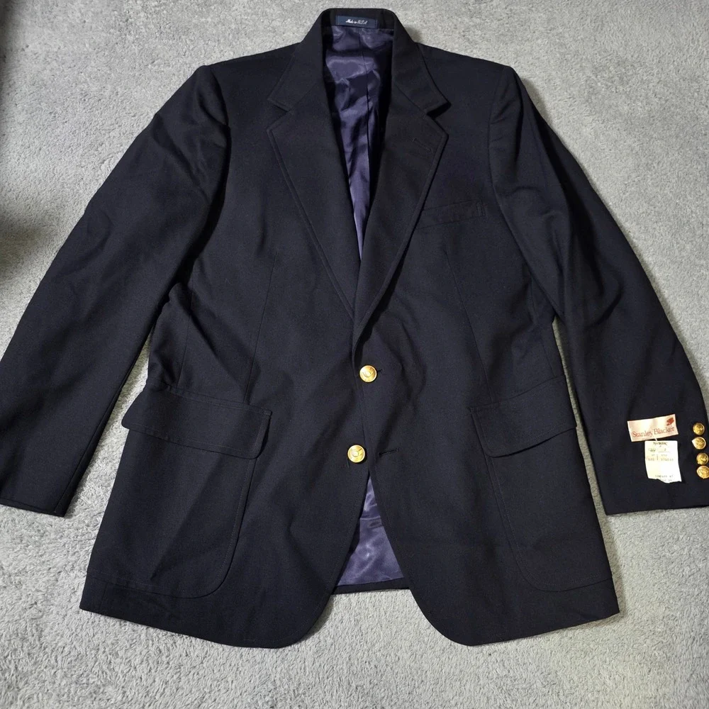 Stanley Blacker Mens 44 Navy Blue Blazer Gold Crest Buttons Vintage Made in USA